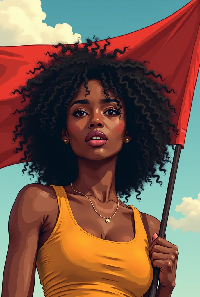 Create a young brown woman, A social activist living in the periphery, with curly hair, holding a flag with the struggle of brown women without black hair, and an empowered woman.
