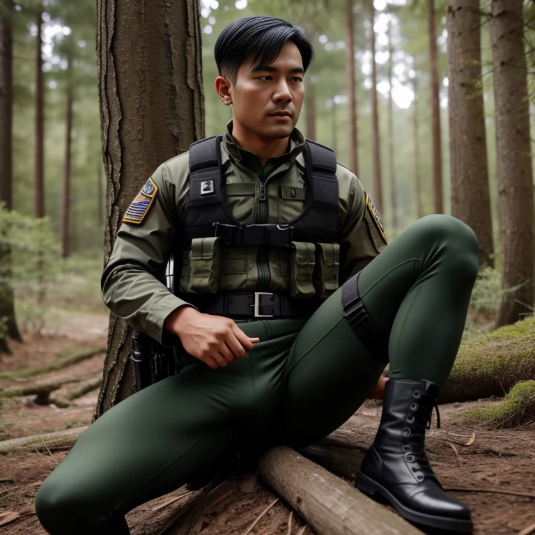 30 years old,One Man,、Deep green full body tights、、Shocker Belt、Black gloves、Black boots、Dark green beret soldier、With a handgun on his hip、In the woods、Surrounding explosions and blast waves　Sit with your legs apart against a tree。logic, ,Black Hair。Pretty short and even shorter short hair、Handsome soldier　Faces of the Turks　The crotch area of my pants is bulging　Seen from below