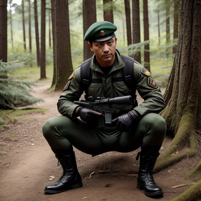 30 years old,One Man,、Deep green full body tights、、Shocker Belt、Black gloves、Black boots、Dark green beret soldier、With a handgun on his hip、In the woods、Surrounding explosions and blast waves Sit with your legs apart against a tree。logic, ,Black Hair。Pretty short and even shorter short hair、Handsome soldier Faces of the Turks The crotch area of my pants is bulging Seen from below
