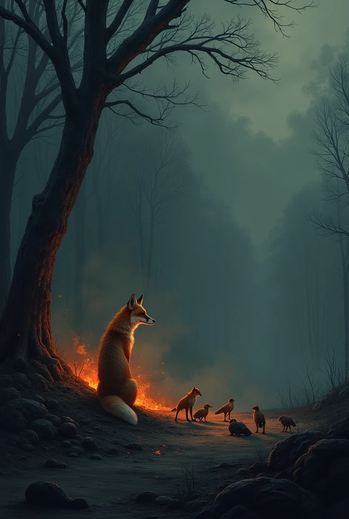 The thumbnail shows a sorrowful fox standing by a tree surrounded by her dead cubs. Burned eagle chicks lie on the ground, with smoke and embers rising from the aftermath of a fire. The dark, eerie forest and dim sky emphasize the tragic consequences of betrayal and revenge.