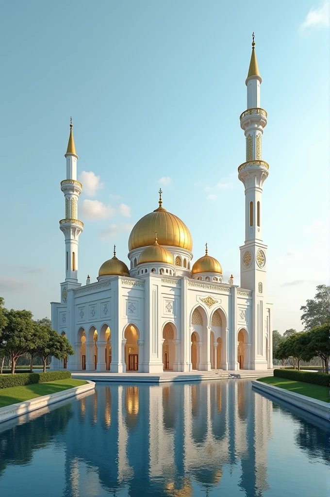 In the Muslim community, a white and yellow mosque stands by the canal. 