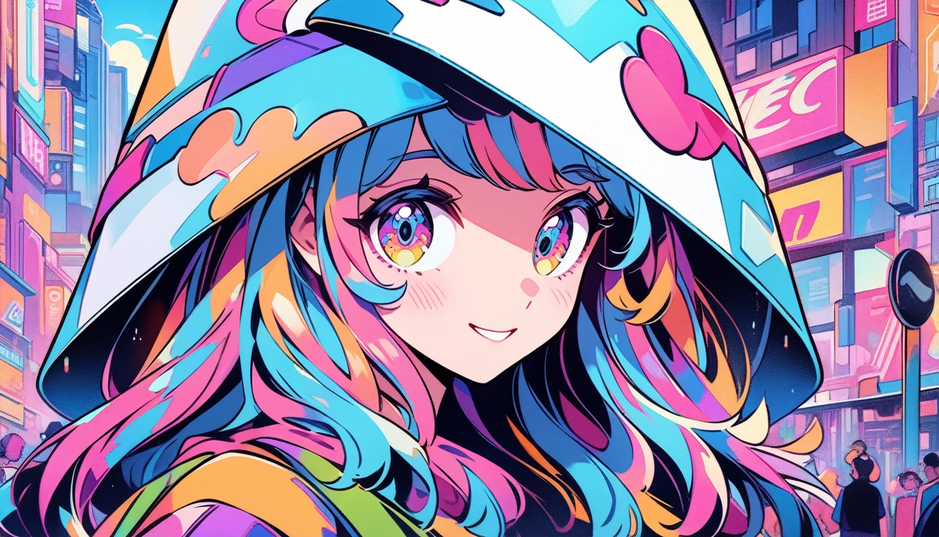 best quality, 4K wallpaper, masterpiece, extremely detailed CG unity 8k wallpaper, extremely detailed eyes, ultra-detailed, intricate details, close up 1 happy girl in center, retro art style, neon_pop art style, public, outdoors, road sign, city, people