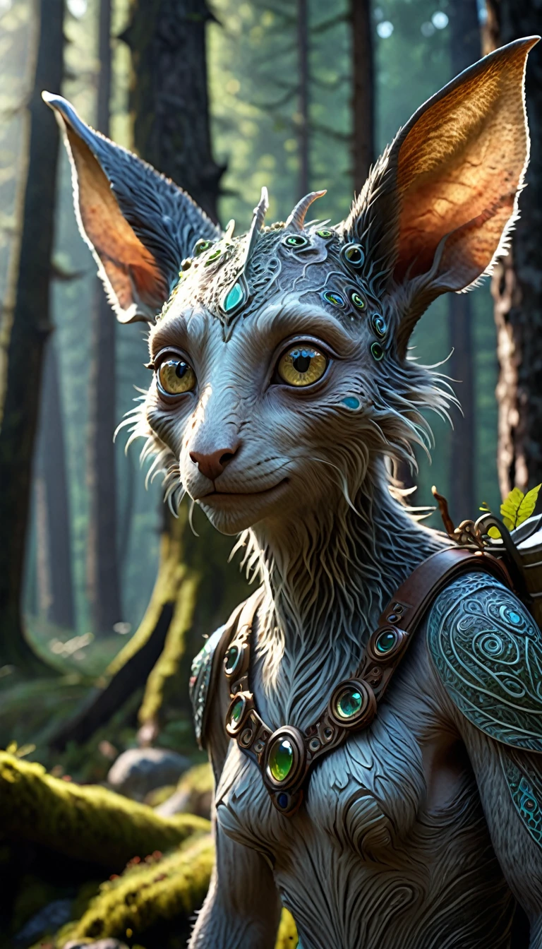 ，In the mountains and forests，A fantasy creature with a human face, two ears and four eyes(best quality，4K，8k，High level，masterpiece：1.2），Ultra Detailed，（lifelike，Photo real，Photo real：1.37），Highly detailed animals，Complex patterns，Realistic lighting