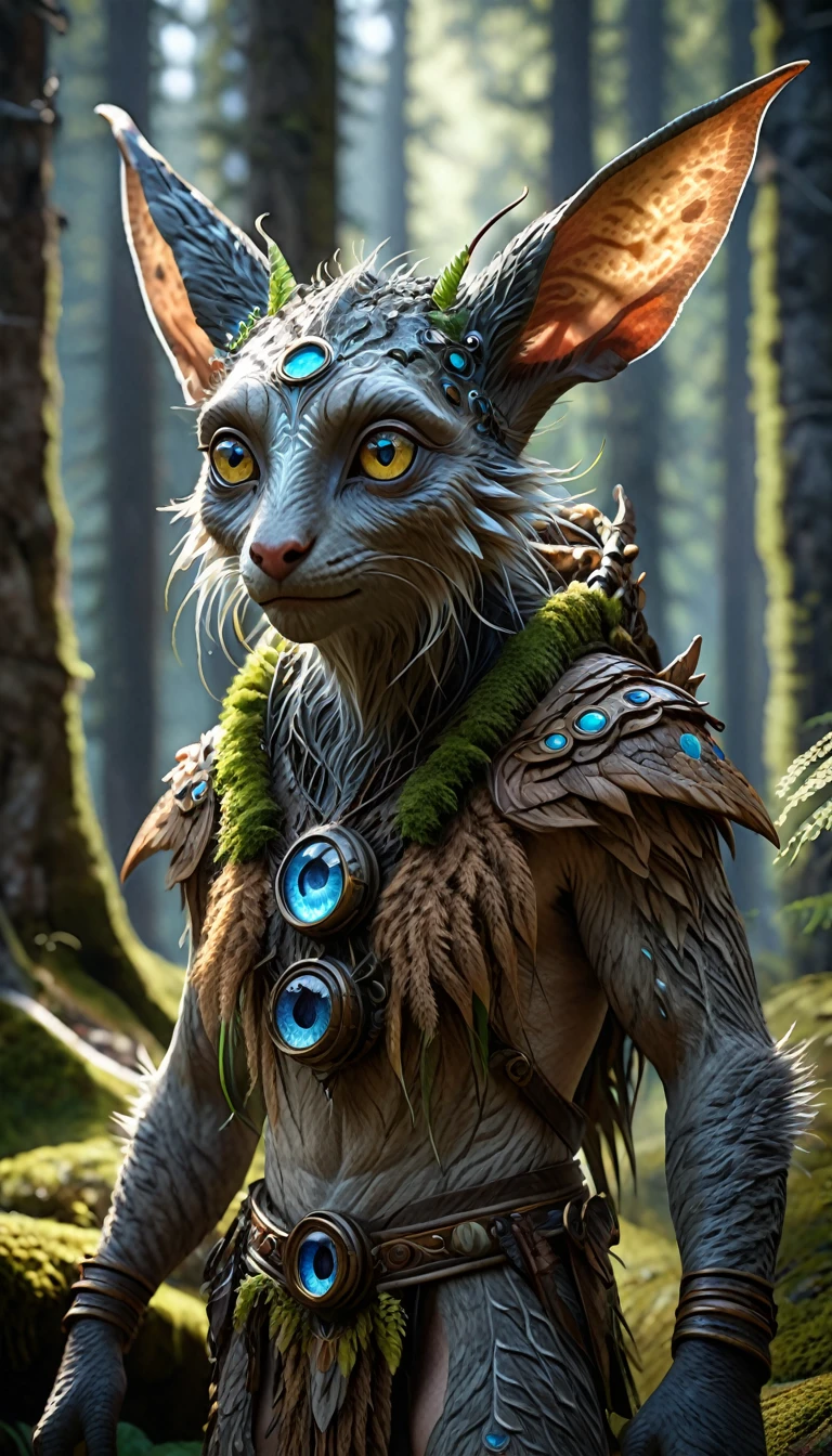 ，In the mountains and forests，A fantasy creature with a human face, two ears and four eyes(best quality，4K，8k，High level，masterpiece：1.2），Ultra Detailed，（lifelike，Photo real，Photo real：1.37），Highly detailed animals，Complex patterns，Realistic lighting