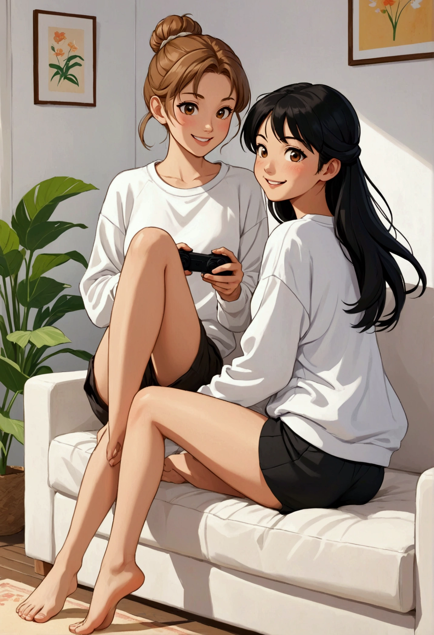 An idyllic and fun anime-style image of two beautiful young women in love, in anime style; one with light brown hair tied in a bun, delicate British features, dressed in light pants and a white loose t-shirt, she is barefoot, Next to her is a beautiful young Asian woman with long black hair, dressed in a white sweatshirt and black shorts, she is barefoot; both are sitting in an Indian position, one leaning on the other, on a white two-seater sofa and they are playing video games, they are having fun, laughing and having a pleasant time together, there is a lot of complicity, intimacy and sweetness between them. illustration, Realistic, animated, photography, poster, Fashion, portrait photography
