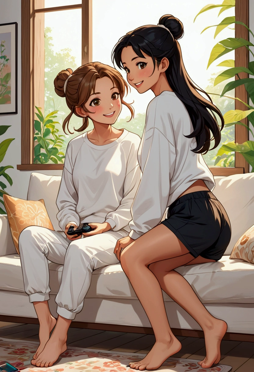 An idyllic and fun anime-style image of two beautiful young women in love, in anime style; one with light brown hair tied in a bun, delicate British features, dressed in light pants and a white loose t-shirt, she is barefoot, Next to her is a beautiful young Asian woman with long black hair, dressed in a white sweatshirt and black shorts, she is barefoot; both are sitting in an Indian position, one leaning on the other, on a white two-seater sofa and they are playing video games, they are having fun, laughing and having a pleasant time together, there is a lot of complicity, intimacy and sweetness between them. illustration, Realistic, animated, photography, poster, Fashion, portrait photography