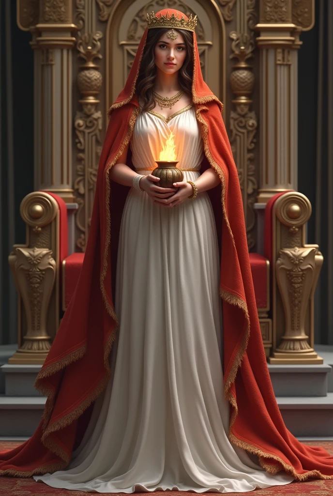 Greek Goddess Hestia holding a small pot with fire wearing white dress and red cape with hood and crown with golden necklace and bracelet, front view and half body. And palace throne background