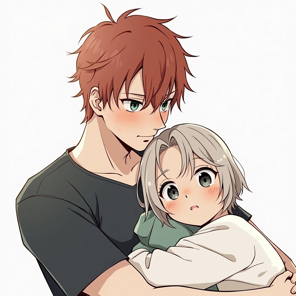  
2 people, Guy with red hair, green eyes, Freckles, hugs a girl with very short black hair, black eyes, anime art, realistically, masterpiece
