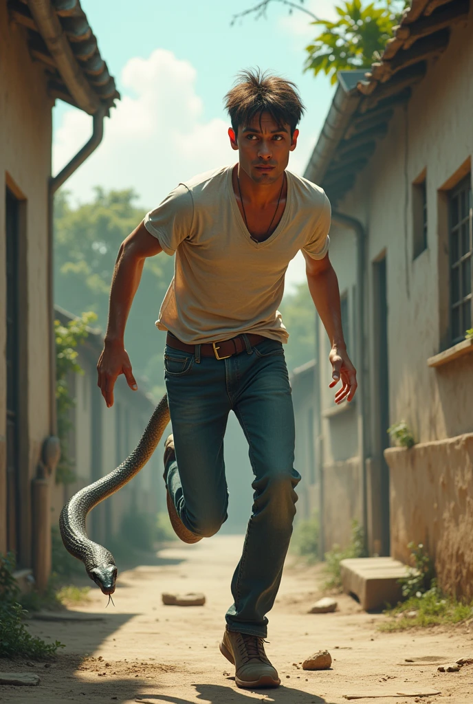 A weak man wearing a T-shirt and jeans chasing a small snake