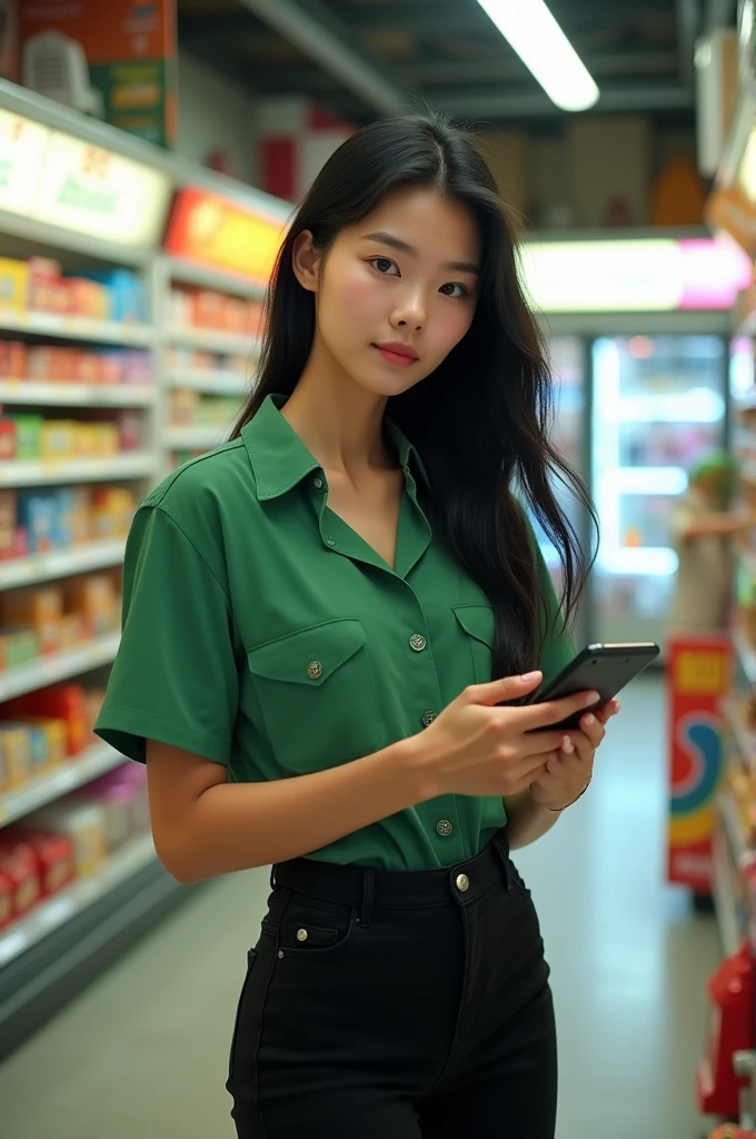 Asian woman with white skin, long black hair, green short-sleeved collared shirt, black tight pants, holding a mobile phone in hand, convenience store background.