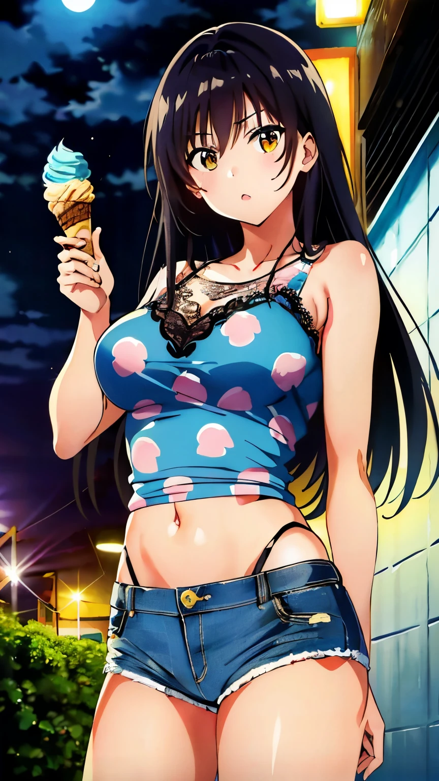 (masterpiece, Highest image quality, highest quality, 8k:1.3), (anime:1.1), vivid color, Ultra-detailed, Yui, Black hair, Large medium breasts, (Ice cream print, Neon garland, Underwear, Lace, Cat print, Tattoos, Ultra short fit stamper flounces, Mesh tights, Short denim shorts, city, night), Standing, embarrassing, looking at the viewer, cowboy shot,