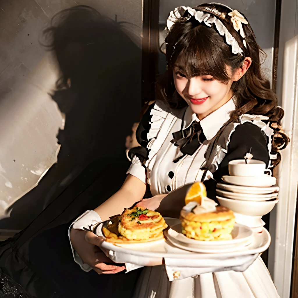 (Realistic:1.3), In detail, quality, Rembrandt Lighting, (masterpiece:1.2), (photoRealistic:1.2), (best quality), (Detailed skin:1.3), (Intricate details), dramatic, Ray Tracing, One person, Japanese, 21 years old, Detailed skin texture, (blush:0.5), (It gives me goosebumps:0.5), Scattered beneath the surface, smile, Happy, Medium chest, Long Curly Hair, Parted bangs, maid_dress, Omelette rice, Food on the tray, Holding Tray, whole body, (maid cafe, Cute ornament, A bright and cozy cafe),