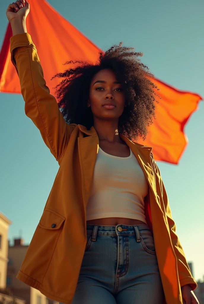Create a young brown woman, A social activist who lives in the periphery, has curly hair and holds a flag with the struggle of brown women without black hair and an empowered woman.
That looks real.