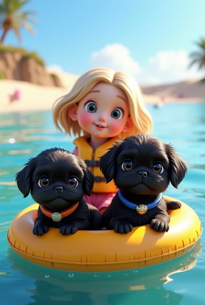 cute adorable 2 black shih tzu puppies, cute blonde girl, extremely detailed, big blue eyes, wearing colorful collar and life jacket, floating on raft, 3D Pixar style, at beach, photorealistic, (best quality,8k,highres,masterpiece:1.2),ultra-detailed,(realistic:1.37),HDR,vivid colors,studio lighting
