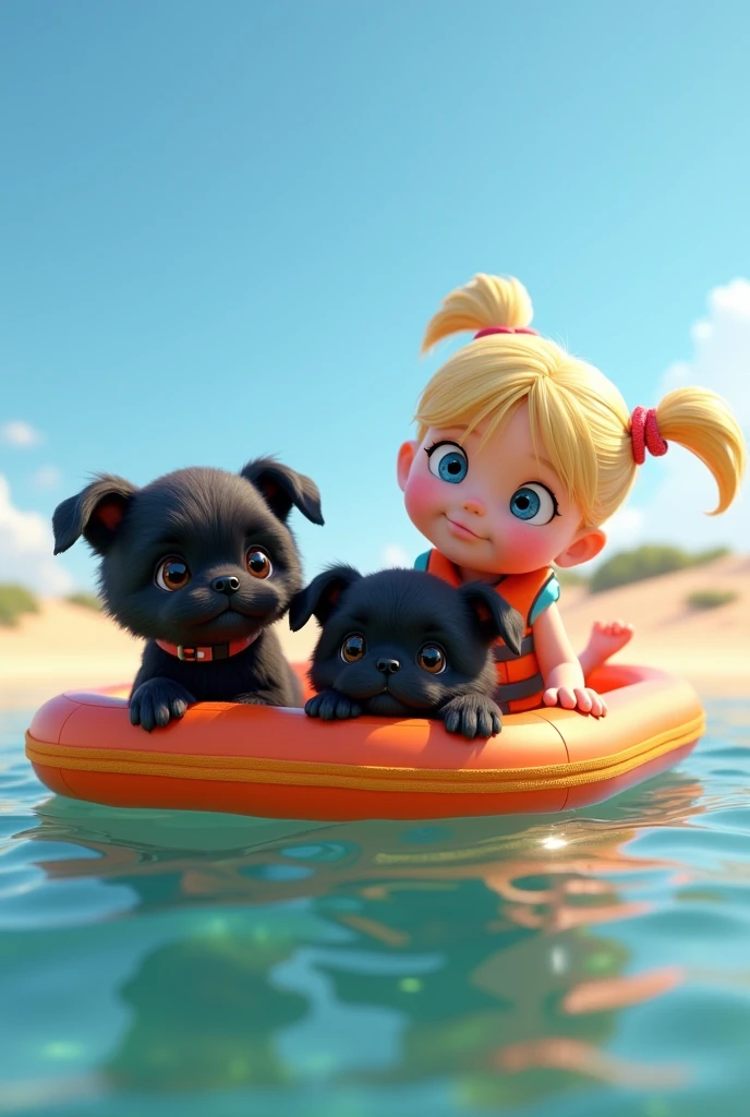 cute adorable 2 black shih tzu puppies, cute blonde girl, extremely detailed, big blue eyes, wearing colorful collar and life jacket, floating on raft, 3D Pixar style, at beach, photorealistic, (best quality,8k,highres,masterpiece:1.2),ultra-detailed,(realistic:1.37),HDR,vivid colors,studio lighting
