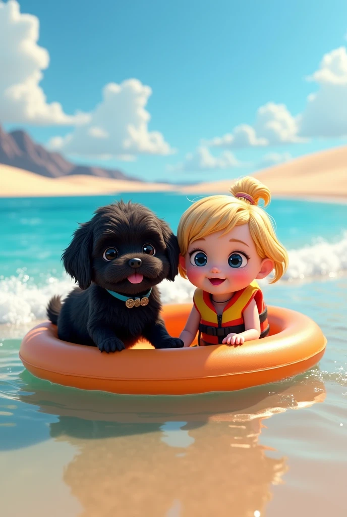 cute adorable 2 black shih tzu puppies, cute blonde girl, extremely detailed, big blue eyes, wearing colorful collar and life jacket, floating on raft, 3D Pixar style, at beach, photorealistic, (best quality,8k,highres,masterpiece:1.2),ultra-detailed,(realistic:1.37),HDR,vivid colors,studio lighting