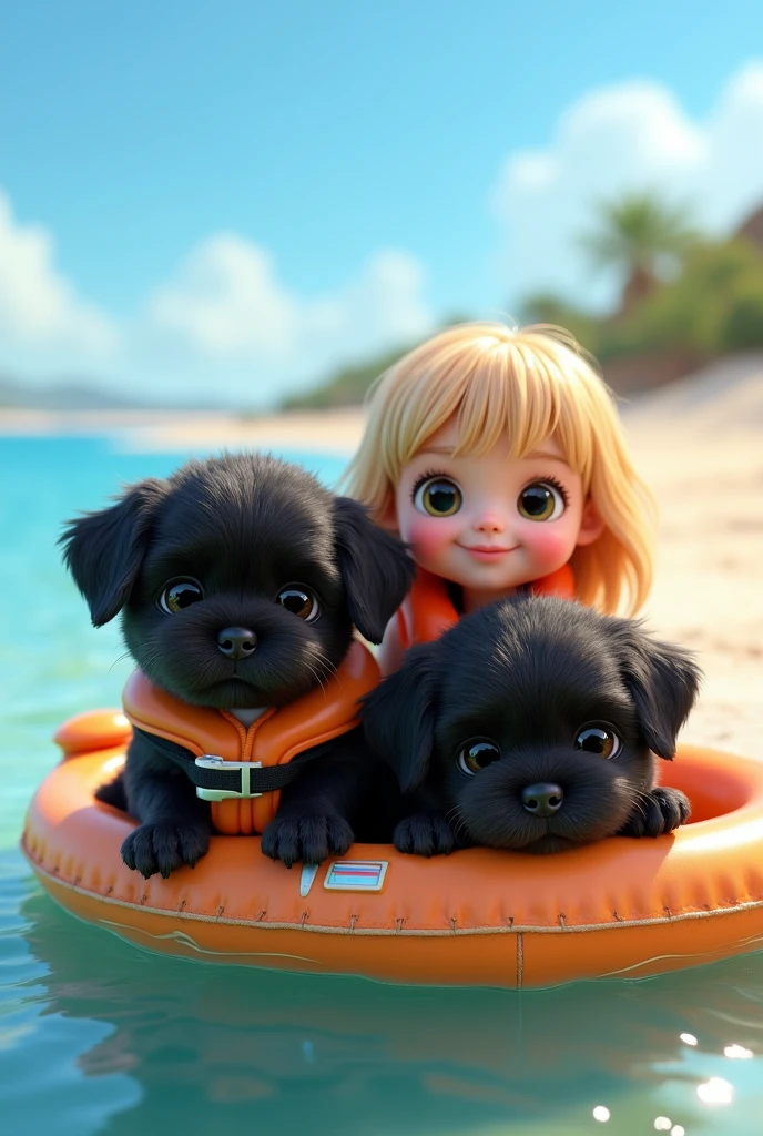 cute adorable 2 black shih tzu puppies, cute blonde girl, extremely detailed, big blue eyes, wearing colorful collar and life jacket, floating on raft, 3D Pixar style, at beach, photorealistic, (best quality,8k,highres,masterpiece:1.2),ultra-detailed,(realistic:1.37),HDR,vivid colors,studio lighting