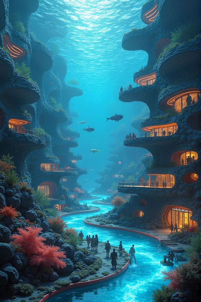 an underwater city, where buildings are made of bioluminescent coral and streets are formed by paths of seaweed that glow different colors at night. Os habitantes, a mixture of humans and marine beings, They move using underwater vehicles that imitate the movement of fish and communicate through a system of vibrations and light signals. The sky above the city is a surface of water that reflects sunlight, creating a spectacle of ever-changing colors and patterns.