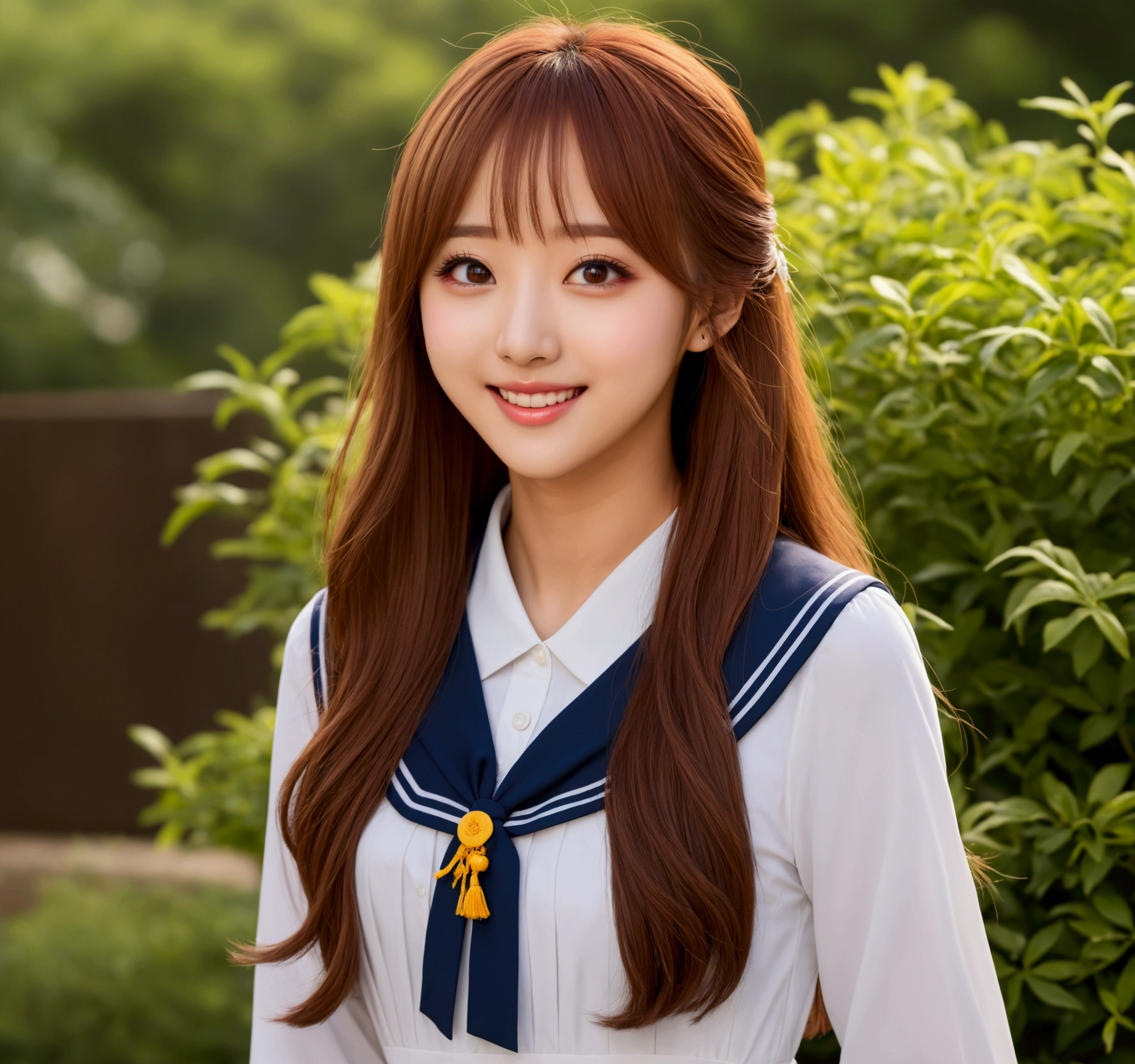 Hani is a beautiful and cheerful woman, wearing a long school dress