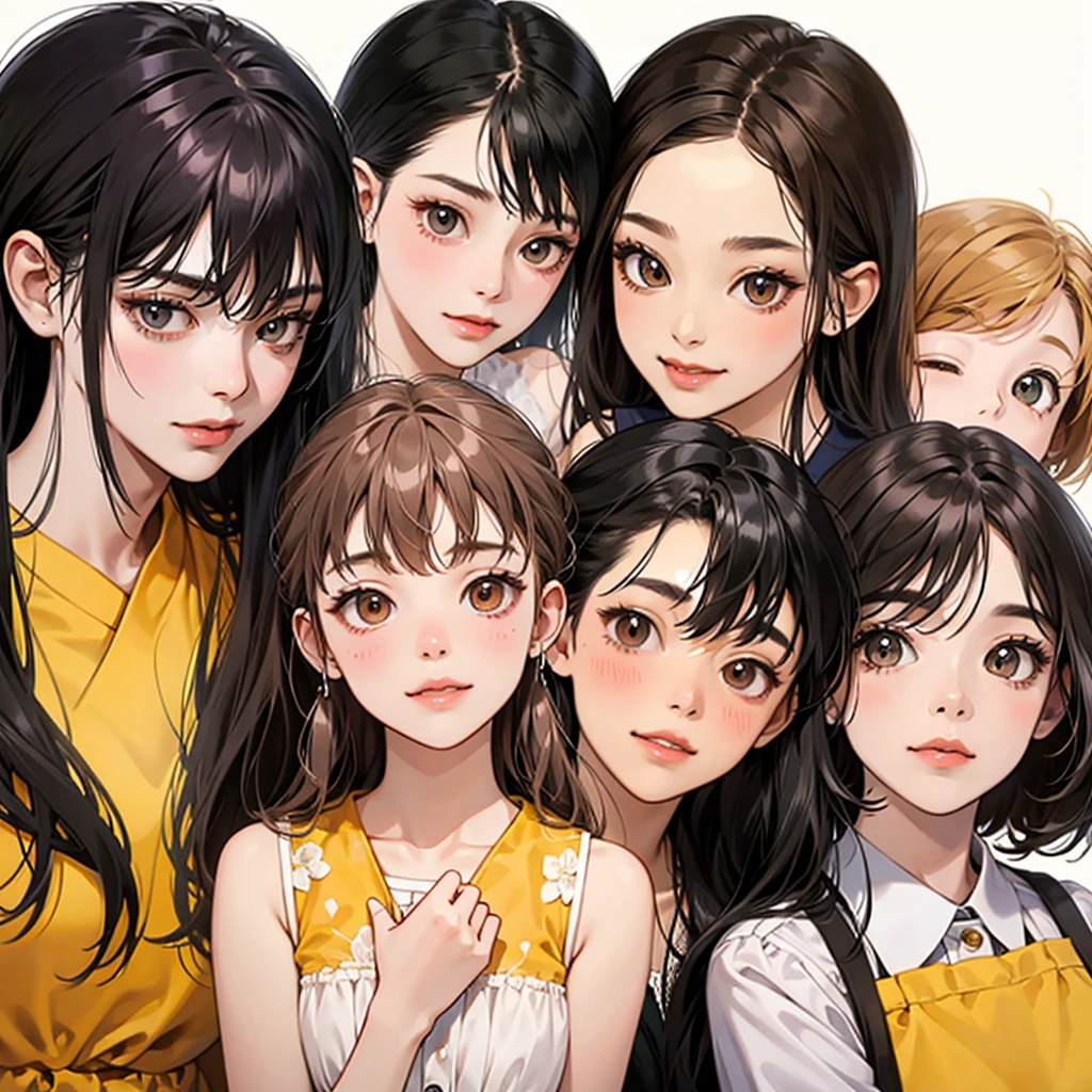 Four girls, black hair, long hair, shill, bob, smile, Stationary face,Light blush on the cheeks, brown eyes, simple background, high resolution, brown hair, stand in a line., 