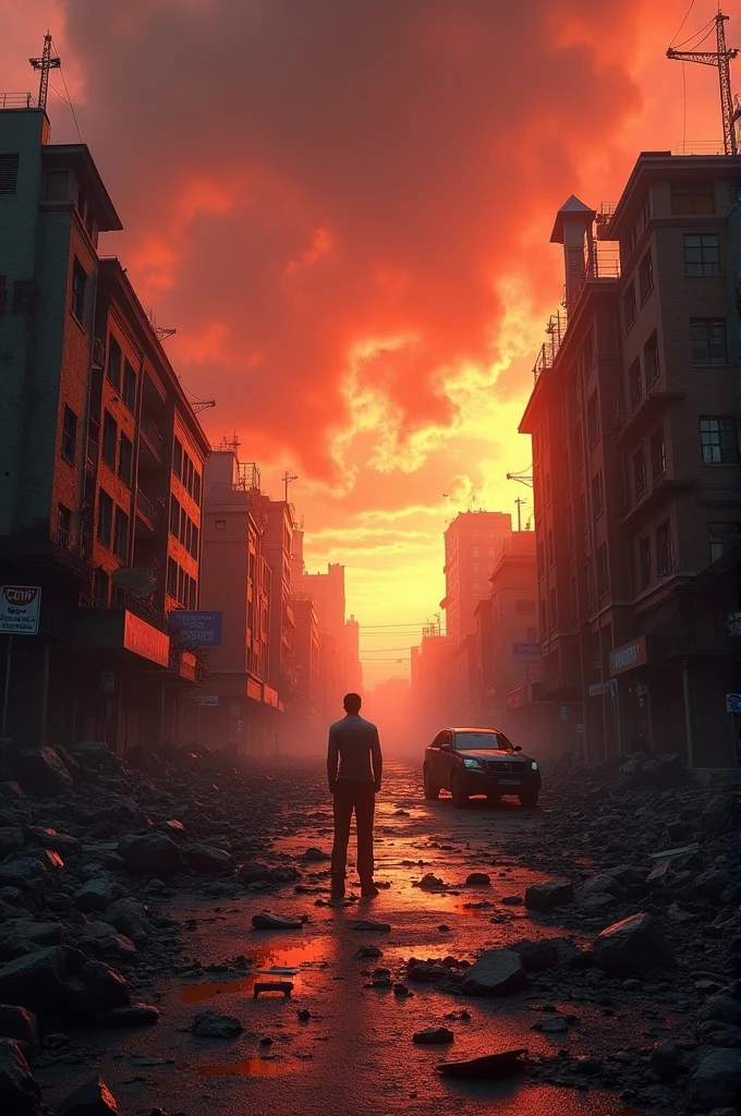 One city with evning time and zero population and cars destroy, fire