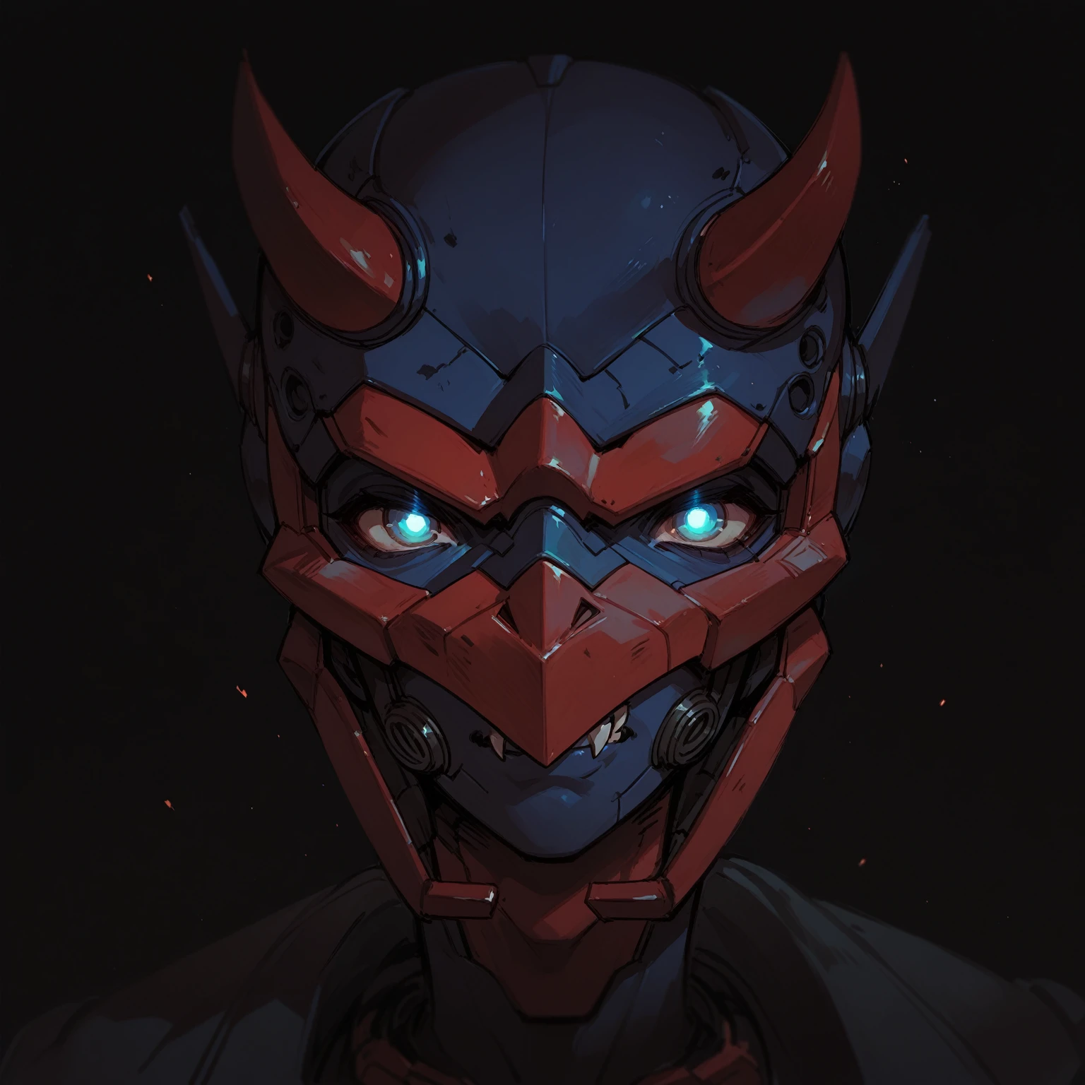 Mechanical Hannya Mask,A woman wearing a Hannya mask,Glowing Eyes,Iron Man Mask,Six sharp fangs