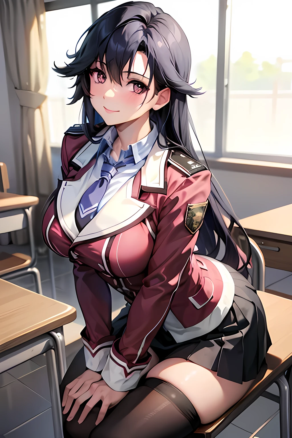 masterpiece, mischievous smile, light blush, looking at viewer, huge breasts, sexy pose, female rean schwarzer, long hair, school uniform, necktie, black skirt, open clothes, nipples, detailed white classroom in the background