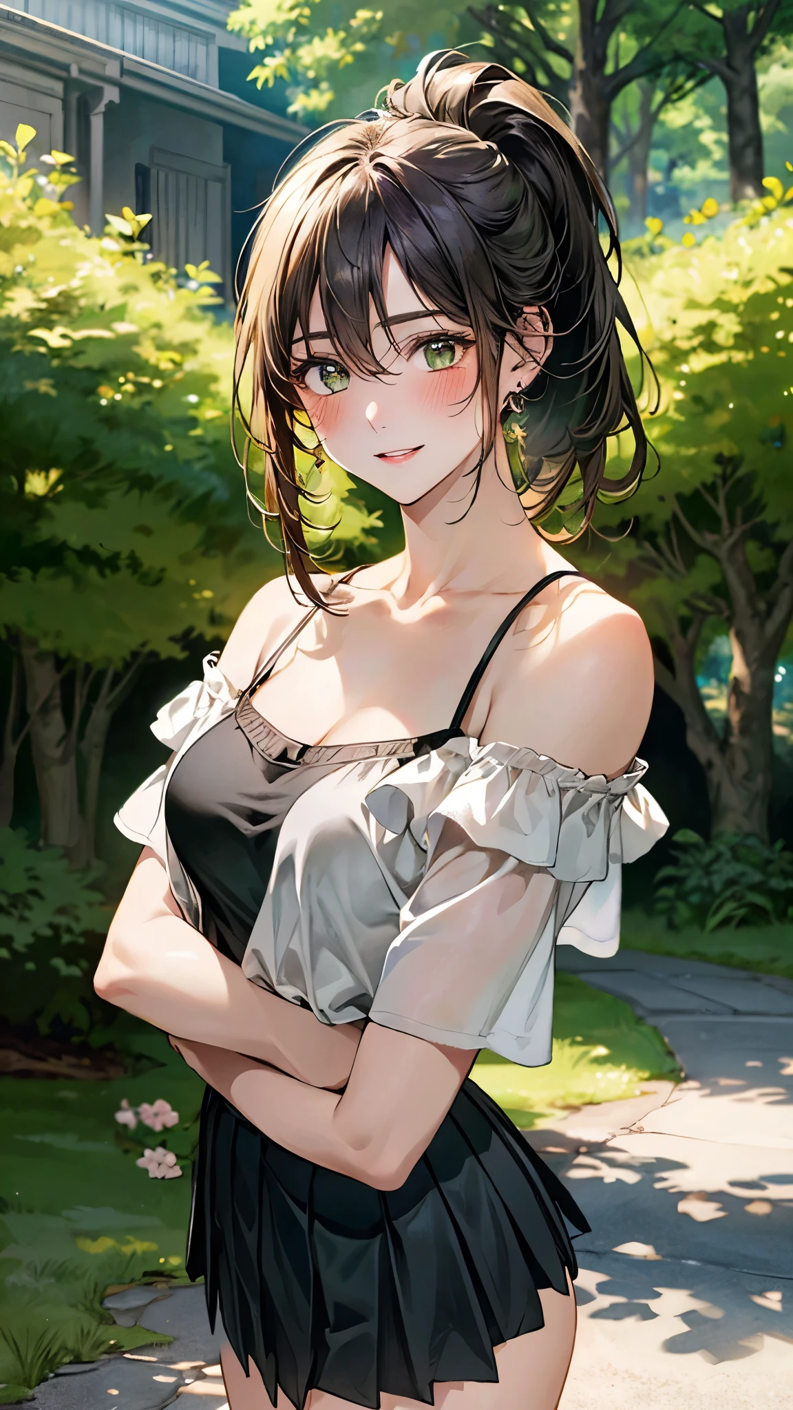 (masterpiece:1.2, top-quality), (realistic, photorealistic:1.4), beautiful illustration, (natural side lighting, movie lighting),
beautiful detailed hair, beautiful detailed face, beautiful detailed eyes, beautiful clavicle, beautiful body, beautiful chest, beautiful thigh, beautiful legs, beautiful fingers,
looking at viewer, 1 girl, , (perfect anatomy, anatomically correct, super detailed skin), cute and symmetrical face, perfect face, perfect eyes, face, shiny skin,
(middle hair, ponytail, blonde hair), hair between eyes, dark green eyes, big eyes, glowing eyes, long eye lasher, (medium breasts seductive thighs, big ass), narrow waist,
(black camisole, off shoulder, red micro mini pleated skirt),
(beautiful scenery), morning, (park:1.2), (hands on chest), standing, (smile, blush, parted lips),