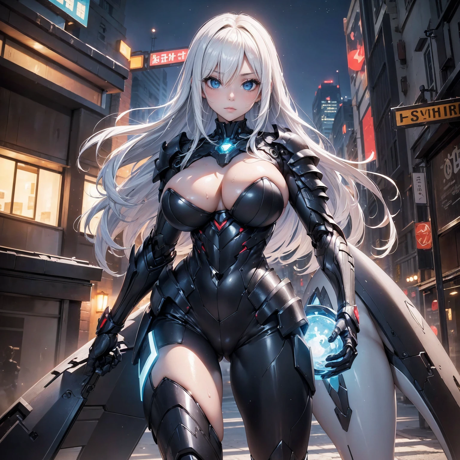 (Absurd Resolution:1.2), (ultra delicate:1.2), (masterpiece:1.2), (Photorealistic), (top-quality), (A girl and Shark Robot, next to each other in the center of the image), futuristic cyberpunk setting, intricate details, BREAK (cute 1girl), (), (finely detailed eyes and finely detailed face:1.2), BREAK (ultra fine-blue-cute-eyes:1.3), (Expression ultra detailed glowing Pupil), (ultra detailed Expression eyelashes), (ultra delicate Long Straight Hair white hair, hairs between eyes), (beautiful Glossy lips), BREAK (slim body and gigantic breasts:1.3), narrow waist, leggy, curvy is body without muscles, (Shiny realistic pale skin texture:1.2), (sweaty skin:1.0), precise anatomy, (4 defined fingers), (1 defined t thumb), breathtaking expression, BREAK (intricate black-Mechanical-Armor-dress, bare-Thighs:1.2), glowing energy orbs, BREAK Seductive pose, (Crisp focus, eye focus:1.2), (full body shot, shoot from front, high angle shot), BREAK cinematic composition, vibrant colors, A robot shark is guarding a girl