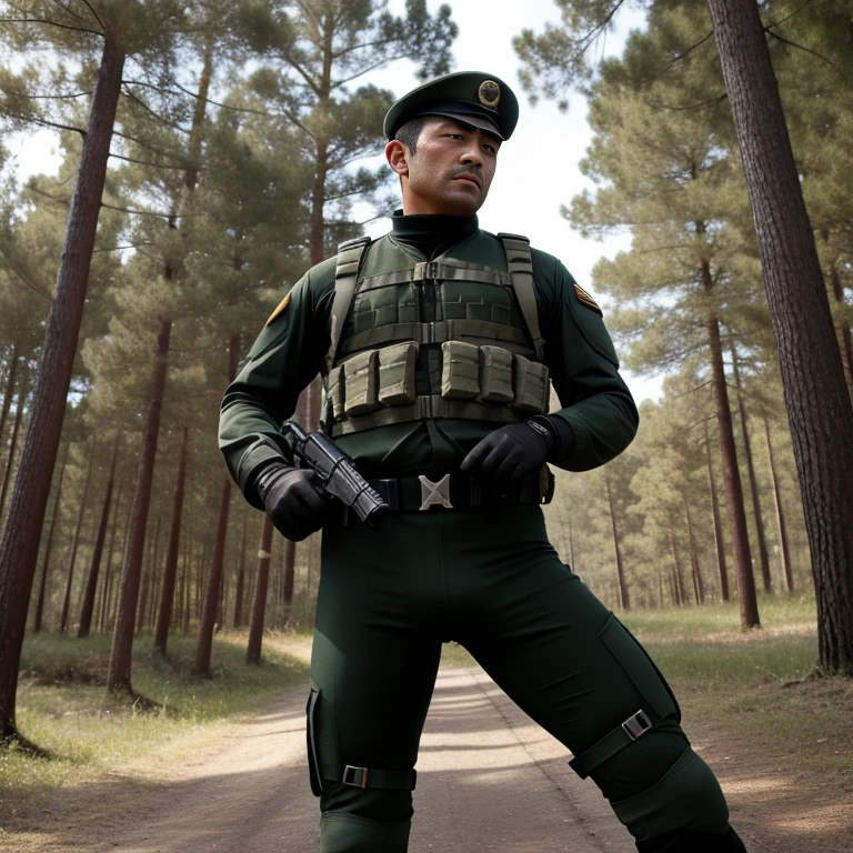 30 years old,One Man,、Deep green full body tights、、Shocker Belt、Black gloves、Black boots、Dark green beret soldier、With a handgun on his hip、In the woods、Surrounding explosions and blast waves　Sit with your legs apart against a tree。logic, ,Black Hair。Pretty short and even shorter short hair、Handsome soldier　Faces of the Turks　The crotch area of my pants is bulging　Seen from below