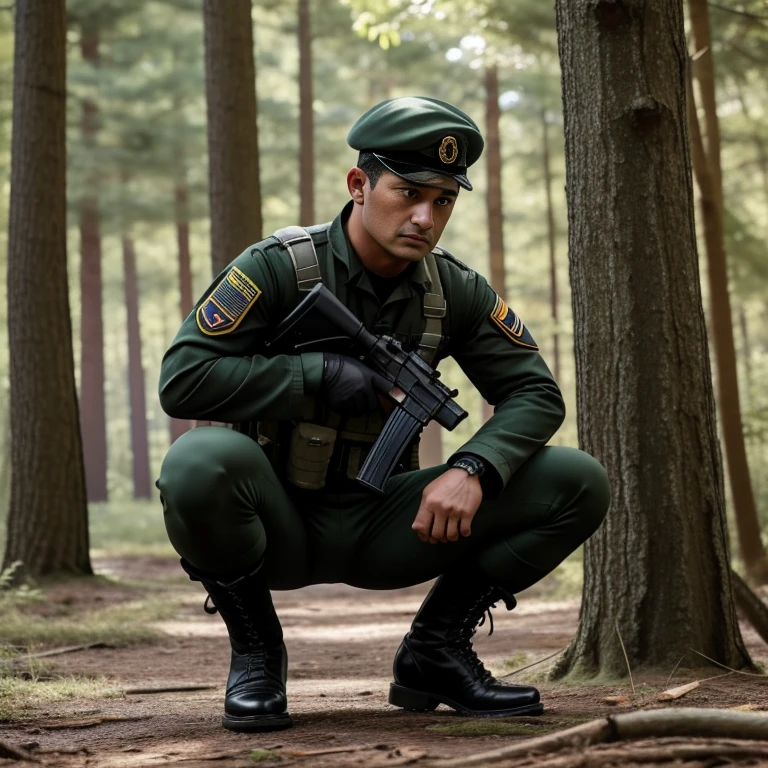 30 years old,One Man,、Deep green full body tights、、Shocker Belt、Black gloves、Black boots、Dark green beret soldier、With a handgun on his hip、In the woods、Surrounding explosions and blast waves　Sit with your legs apart against a tree。logic, ,Black Hair。Pretty short and even shorter short hair、Handsome soldier　Faces of the Turks　The crotch area of my pants is bulging　Seen from below