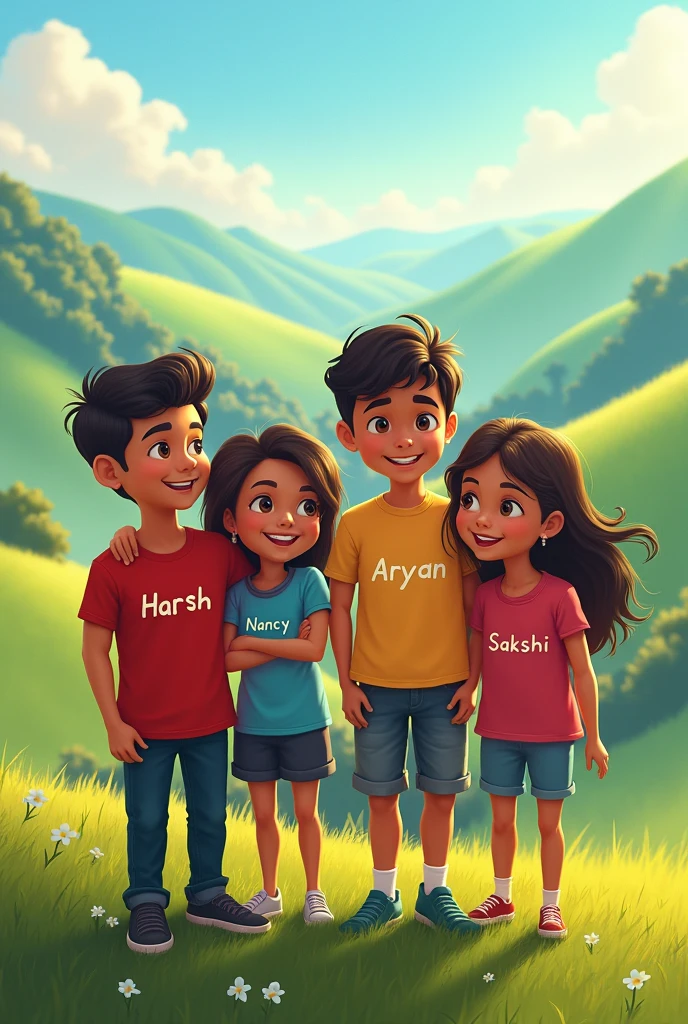There is four friends enjoying on hills on the front of 1 boy written name is Harsh and on the front of second boy written name Aryan on the front of third girl written name Nancy on the front of fourth girl written name Sakshi