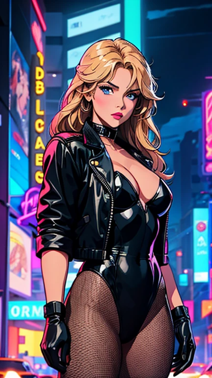 (1girl, DC_blackcanary_jacket_ownwaifu, www.ownwaifu.com), (extremely detailed CG unit 8k wallpaper),(master part), (best quality), (ultra detail), (best illustration),(lora:80'sFusion:0.6), cowboy shot, (Sharp eyeliner, ombre, detailed eyes:1), midnight, neon light city background, ,break , (neon_pop art style), blonde hair, long hair, breasts, blue eyes, large breasts, lipstick, makeup, lips, 
fishnets, gloves, jacket, pantyhose, leather, leotard, leather jacket, black jacket, black leotard, bodysuit, open jacket,  