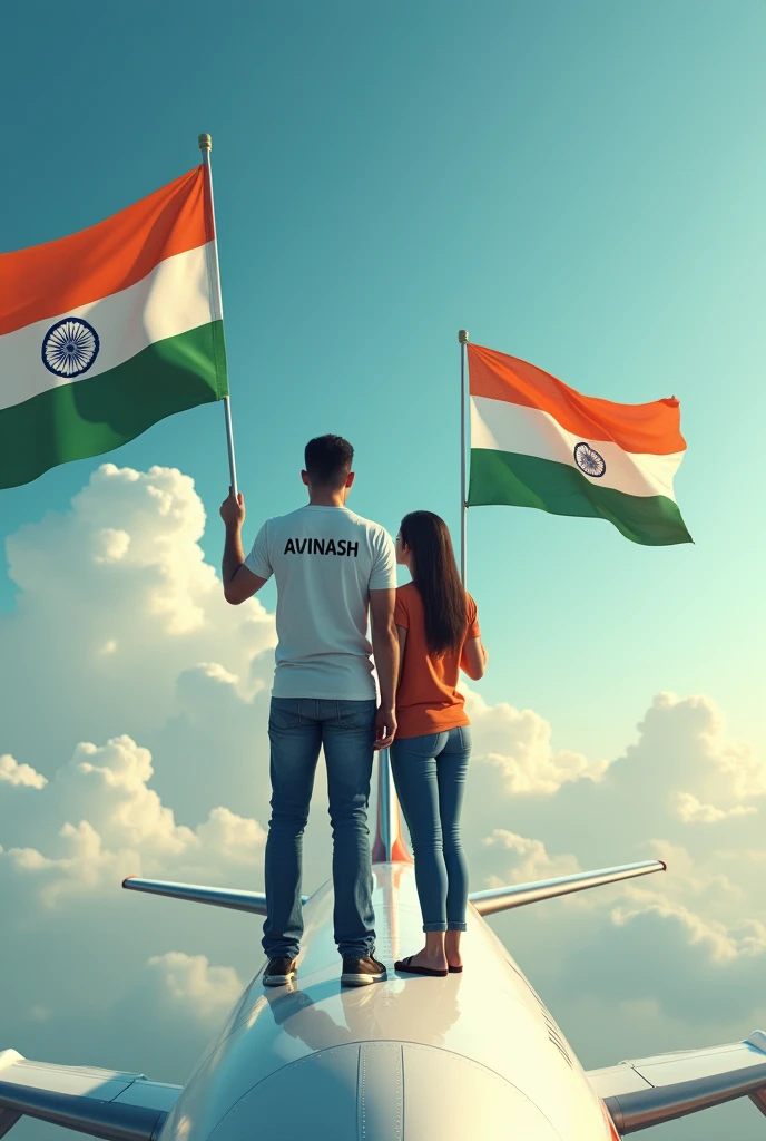 Create an image of a man holding Indian flag and his back side of t shirt write a name AVINASH and the man is on The roof of airoplane and tha man with his wife and she also holding an Indian flag