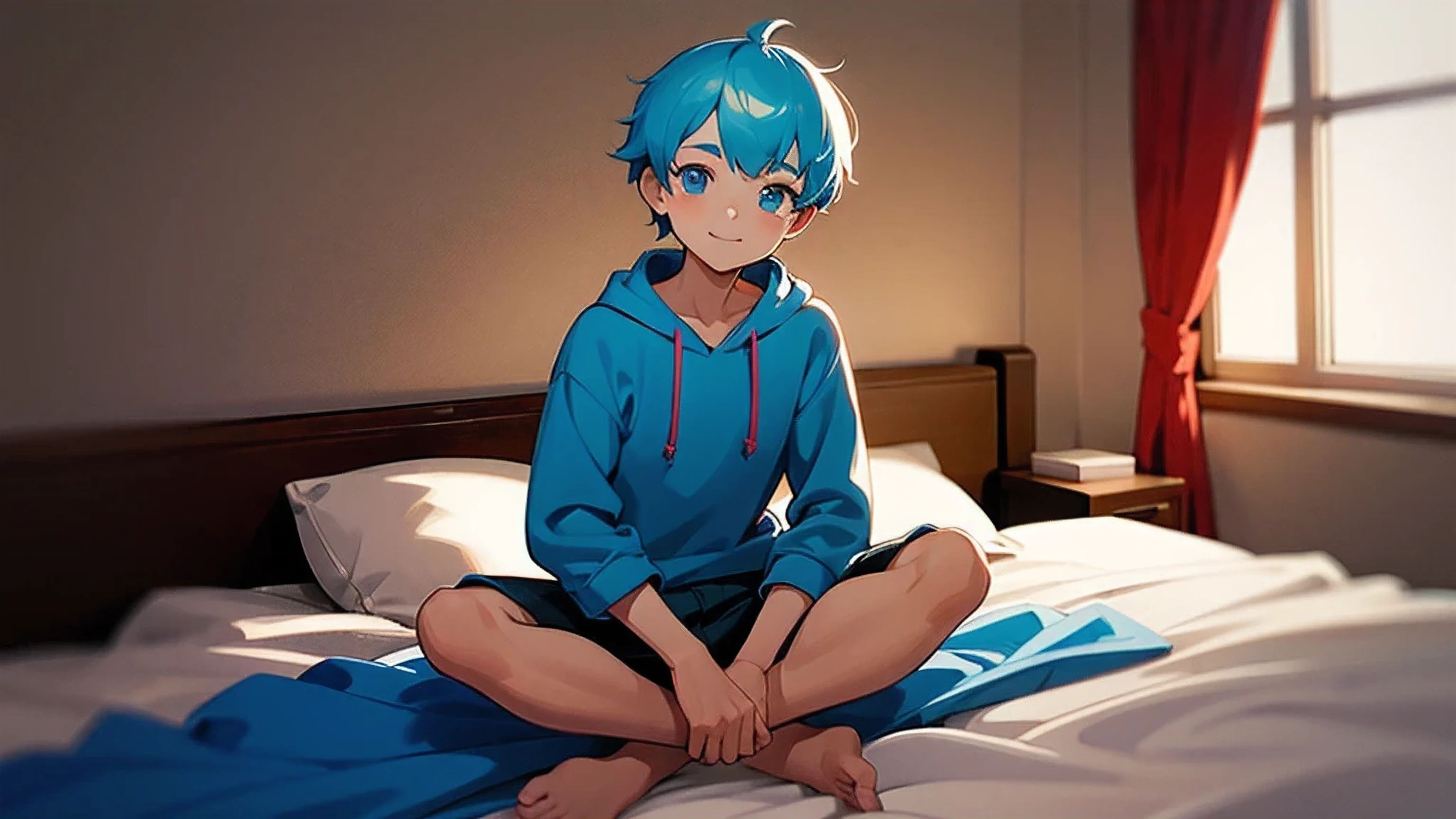 1 boy, (lettle boy), cute, kawaii, light blue hair, blue hair, shiny eyes, smiling face, white colors hoodie, black colors cotton shorts, bedroom, sitting, on bed, indian style crossed ankles, full body shot, window, perfect light detailed face, detailed eyes, detailed hair, high quality, best quality, high resolution, masterpiece, 8k quality, from front, looking at viewer,