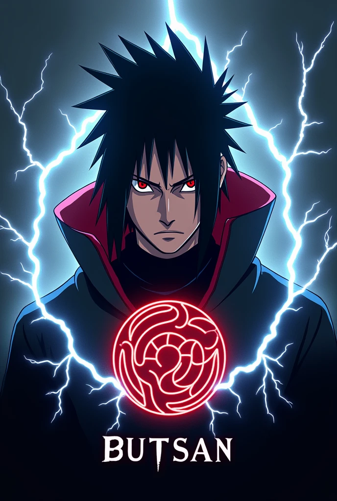 generate logo with character uchiha itachi lightning and name BUTSAN