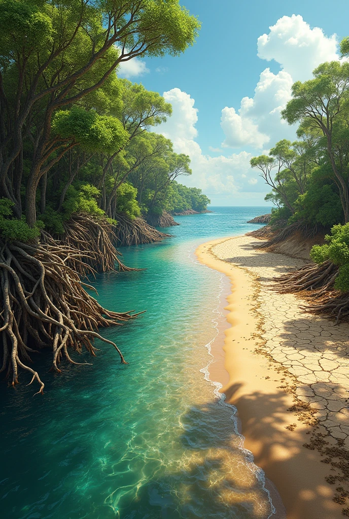 J&#39;I need&#39;a vibrant mangrove on the left side, and a dry spot on the right side, divise-le en 2, très réaliste comme si je prenais une photo 