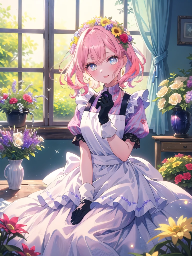 ((8k, Highest quality, masterpiece: 1.3)),Ultra-high resolution,(1 girl, alone), (Color changing eyes, Ultra-detailed, Expressive brilliance, Glitter, Glowing Eyes), Highly detailed eyes, Highly detailed face, Random Hair, ((pastel colour)),A joyful young woman with pastel pink hair styled into loose curls, sitting on the floor of her sunlit bedroom during a bright morning. She is dressed in a modest yet subtly sexy florist cosplay, wearing a floral apron over a simple dress and a pair of gardening gloves. The camera captures her from a slightly low angle as she arranges flowers in a vase with a bright smile, her expression full of care and tenderness. The room is filled with natural sunlight, with vases of fresh flowers on a table, a few gardening tools scattered around, and a fragrant, blooming atmosphere.