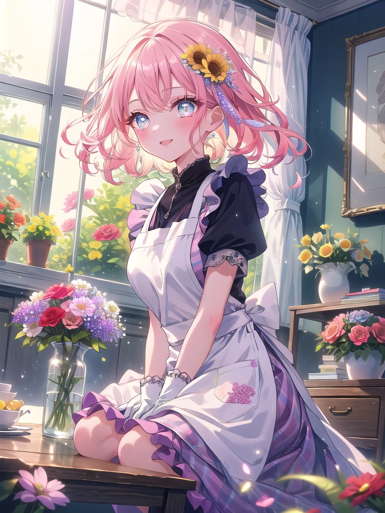 ((8k, Highest quality, masterpiece: 1.3)),Ultra-high resolution,(1 girl, alone), (Color changing eyes, Ultra-detailed, Expressive brilliance, Glitter, Glowing Eyes), Highly detailed eyes, Highly detailed face, Random Hair, ((pastel colour)),A joyful young woman with pastel pink hair styled into loose curls, sitting on the floor of her sunlit bedroom during a bright morning. She is dressed in a modest yet subtly sexy florist cosplay, wearing a floral apron over a simple dress and a pair of gardening gloves. The camera captures her from a slightly low angle as she arranges flowers in a vase with a bright smile, her expression full of care and tenderness. The room is filled with natural sunlight, with vases of fresh flowers on a table, a few gardening tools scattered around, and a fragrant, blooming atmosphere.
