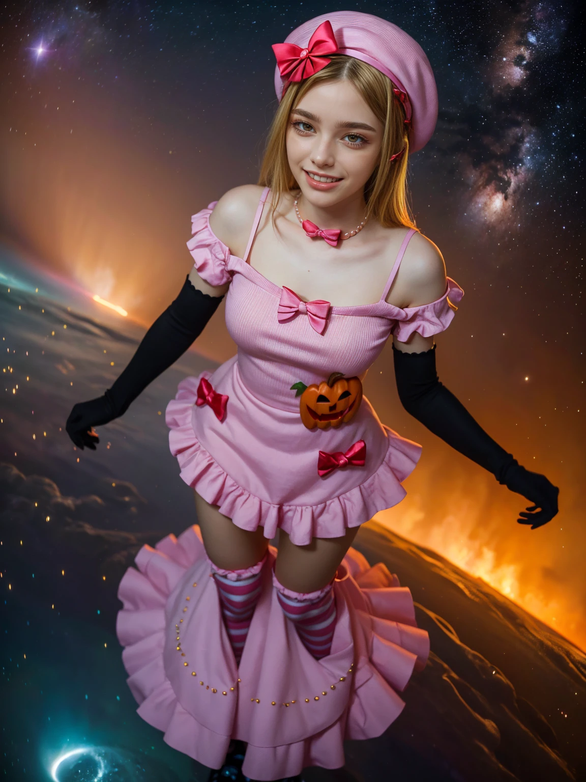 (1 lady), The beautiful, (Best quality at best:1.4), (ultra - detailed), (extremely detailed CG unified 16k), gold blonde hair, very detailed, High-definition RAW color photo, professional photoshooting, amazing face and eyes, cosmetics, (amazingly beautiful girl), ((lambdadelta, taller, tall woman, NOT Dasha Taran)), ((dress, shoes bow, red shoes, striped stockings, red bow, pink hat, necklace, gloves, pearl, pumpkin brooch, pink dress)), levitating in a cute posture (floating in the air), (She's levitating in a cosmic sea, outer space:1.3, quantum hyperspace room lacking walls, hyperspace chamber, extremely detailed background, a lot of details background, realistic background), (look from above), realistic cinematic face, head to feet long wide zoomed out view, full body long view, photorealistic, ((realistic natural blonde hair style, red eyes)), gorgeous, extremely beautiful face, perfect model beauty, amazingly beautiful smile, her smile is emotive and full of joy, her teeth are visible, Highly Detailed Face and Skin Texture, Detailed Eyes, Double Eyelids, Big Breasts, Persistent Stare, Faith Trance, (mystical stare, looking eternity), (masterpiece), best quality, high resolution, depth of field, cinematic lighting, amazing legs, pink combat boots, clear and well-cared skin