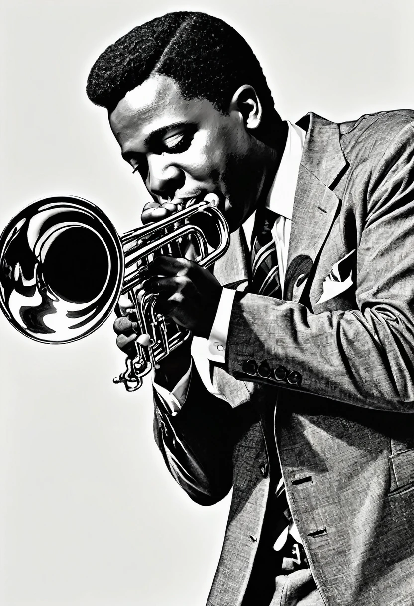 Black and White、Line art、,Detailed angle(low angle,canted angle),upper body,man,20th Generation、Poster、1950's,Black、jazz art,trumpet、Playing、indoor、dim