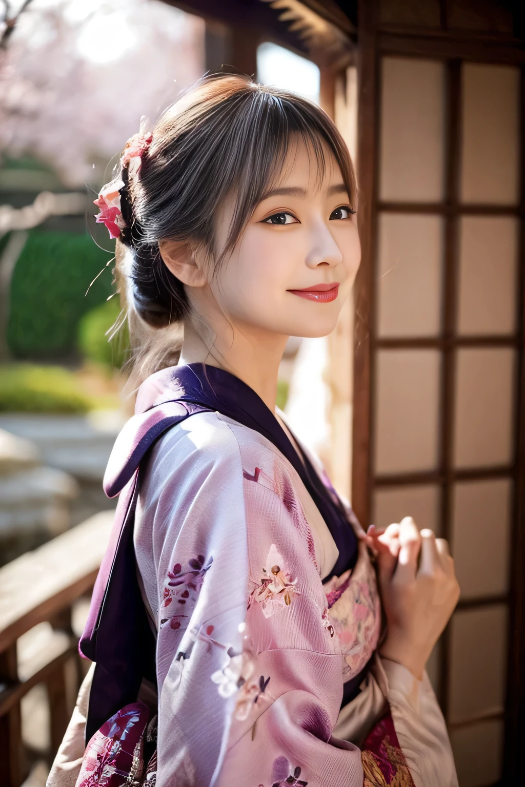 A traditional Japanese woman in her late 20s、She is wearing an elegant kimono with beautiful patterns。Her hair was tied up in a traditional updo.、hairpin（Hairpin）It is decorated with。She smiles kindly and mysteriously、Has a captivating gaze。The background is illuminated with a soft light.、You can see the shoji screen and the falling cherry blossom petals.。The color is soft pink、Cream、Pale purple as the base、It highlights her elegance and beauty.。