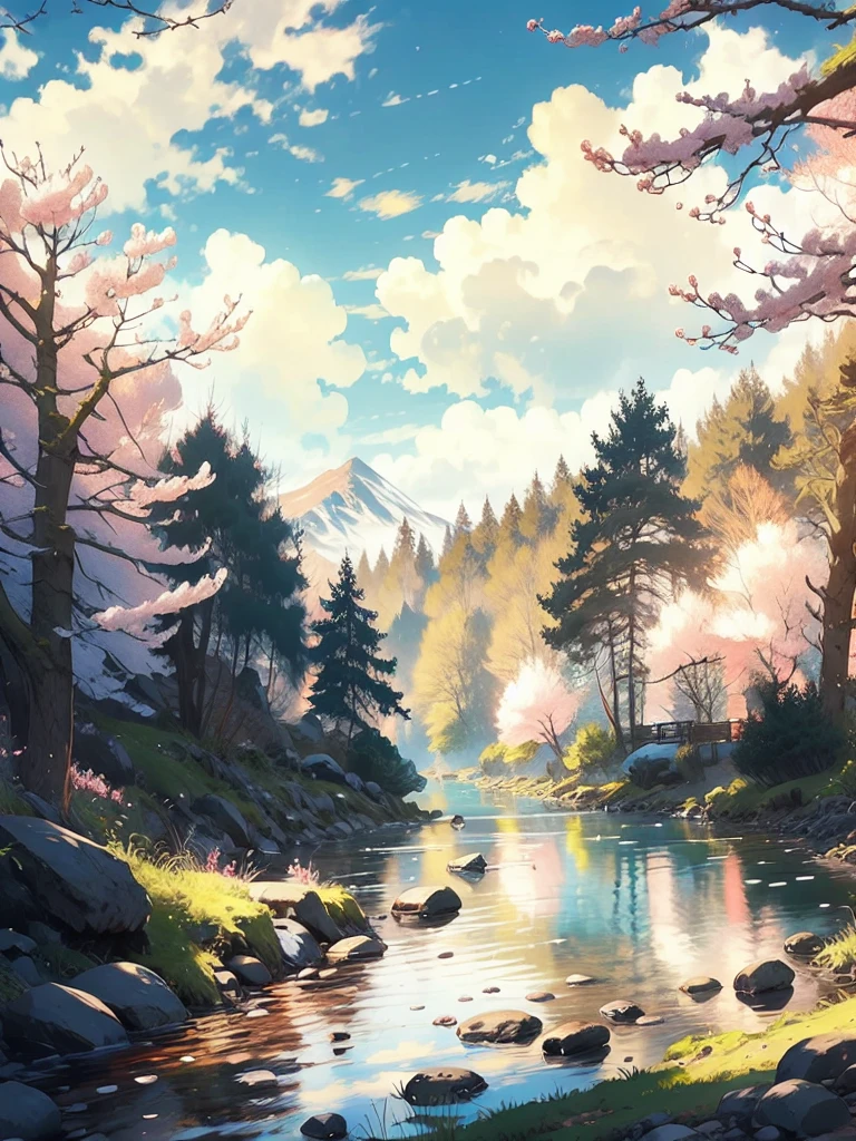 Vibrant, animated landscape illustration featuring a serene lakeside path. The layout includes a wooden walkway bordered by a wooden fence on the right, leading into the distance. On the left, a large tree with pink cherry blossoms extends its branches over the path, with petals gently falling. The lake on the right reflects the clear blue sky and surrounding greenery. In the background, there are lush green hills and a towering mountain with a snow-capped peak. The overall color palette is bright and vivid, with rich greens, blues, and pinks. The image exudes a peaceful and idyllic atmosphere.