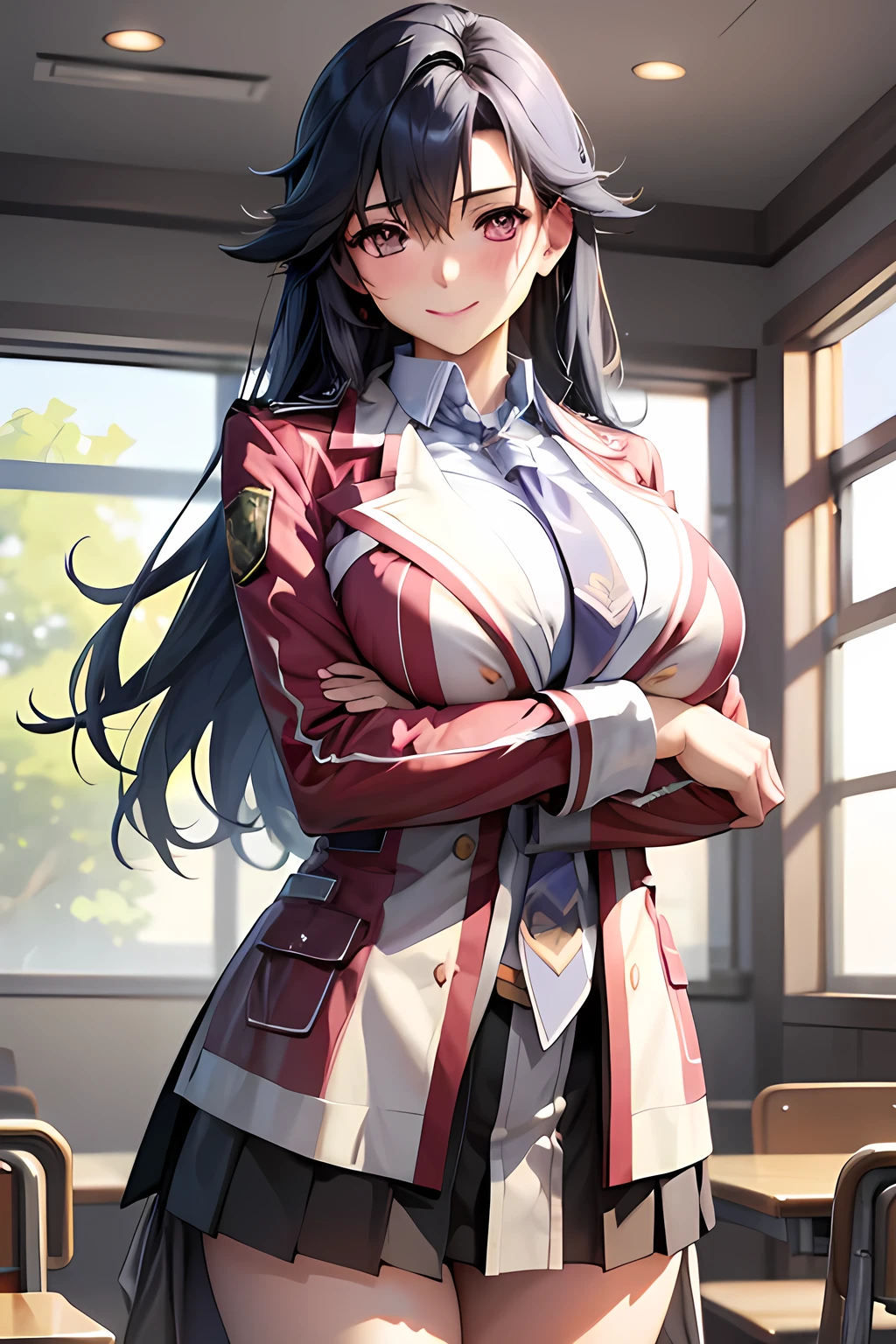 masterpiece, mischievous smile, light blush, looking at viewer, huge breasts, sexy pose, female rean schwarzer, long hair, school uniform, necktie, black skirt, open clothes, nipples, detailed white classroom in the background