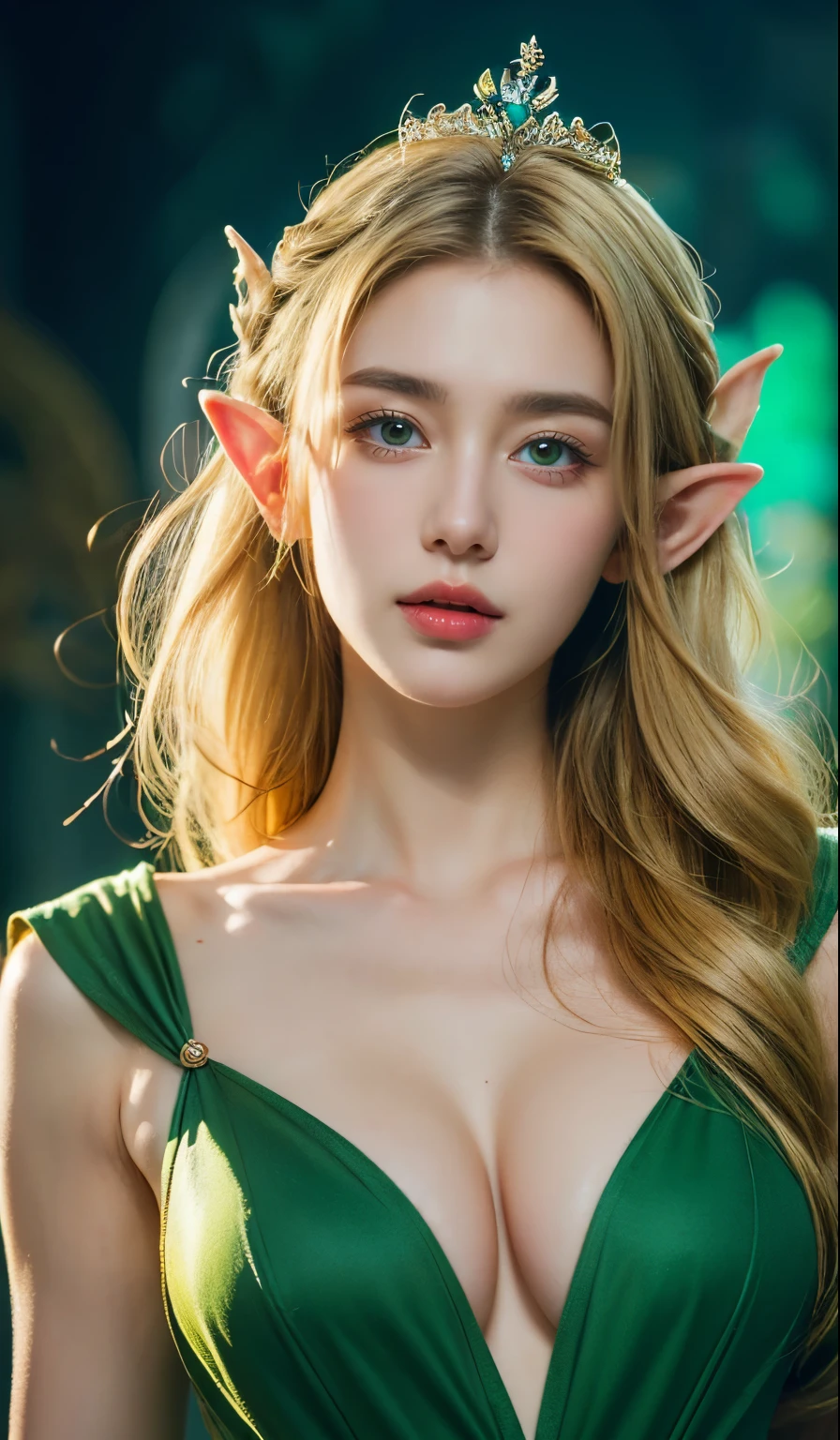 look at viewer, full upper body, (very huge breasts, erect nipples), small elf ears, elf woman in a green dress, green bright eyes, 1girl, white skin, diamond face shape, Hot topics on artstation, Fantasyart, portrait of an elf queen, Belle peinture de personnage, Stunning character art, Epic and beautiful character art, blond-haired princess, medieval princess, fairy queen, fantasy art style, cinematic lighting, masterpiece, accurate, anatomically correct, textured skin, super detail, high details, highres, 8k, castle