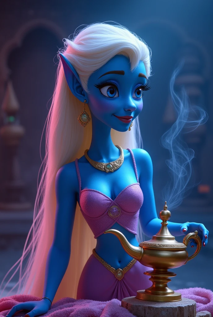 Genie, the jolly lamp fairy from Aladdin. She serves Aladdin as his master and faces various adventures. Jeannie's expression is curious, faintly super-cheerful and good at telling jokes. She is a gentle lamp nymph who always makes everyone around her feel at ease. She is begging for freedom to escape from the lamp where she belongs. Jeannie is a large, macho man with a blue body. He specialises in the ability to transform into anything. He makes the lamp his home and when he rubs it, smoke comes out from the lamp's mouth. It should be wide open, reflecting the surreal world of the desert kingdom of Agrabah. Jolly lamp fairies Jeannie, Aladdin and the Wizard. The lighting is soft yet dramatic, the suitors just as pretentious as they are affectionate and crave freedom. A modern woman who is intelligent, strong and sometimes uses her own beauty as a weapon. The colour palette mixes soft pastels with dark, introspective tones, creating a balance between innocence and her complex thoughts.