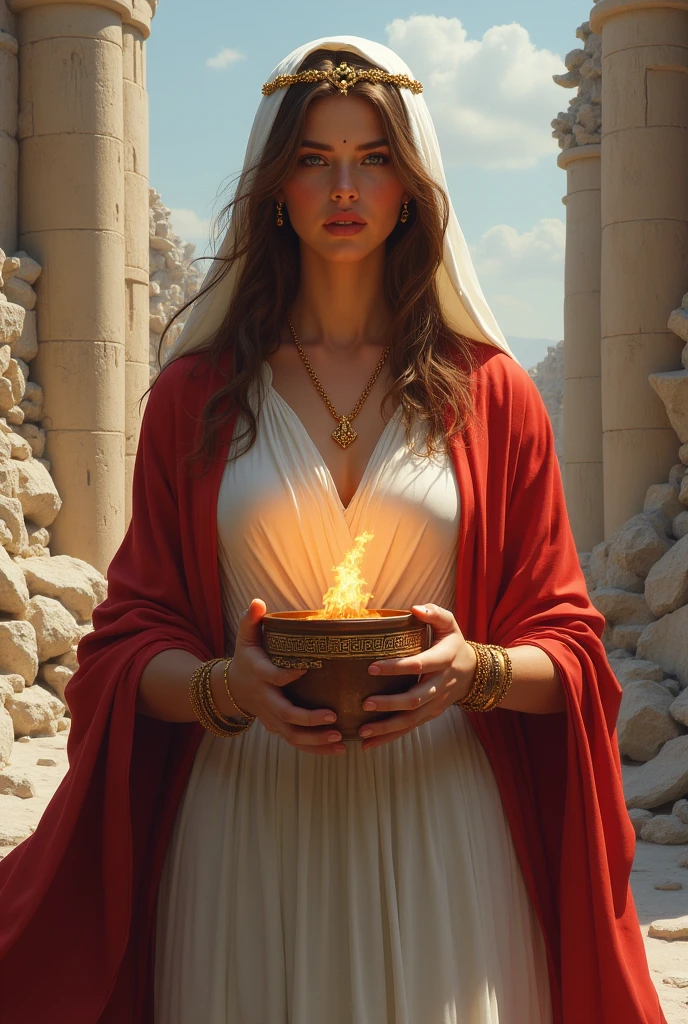 Greek Goddess Hestia holding a small pot with fire wearing white dress and red cape with hood and crown with golden necklace and bracelet, front view and HALF BODY. And broken palace background 