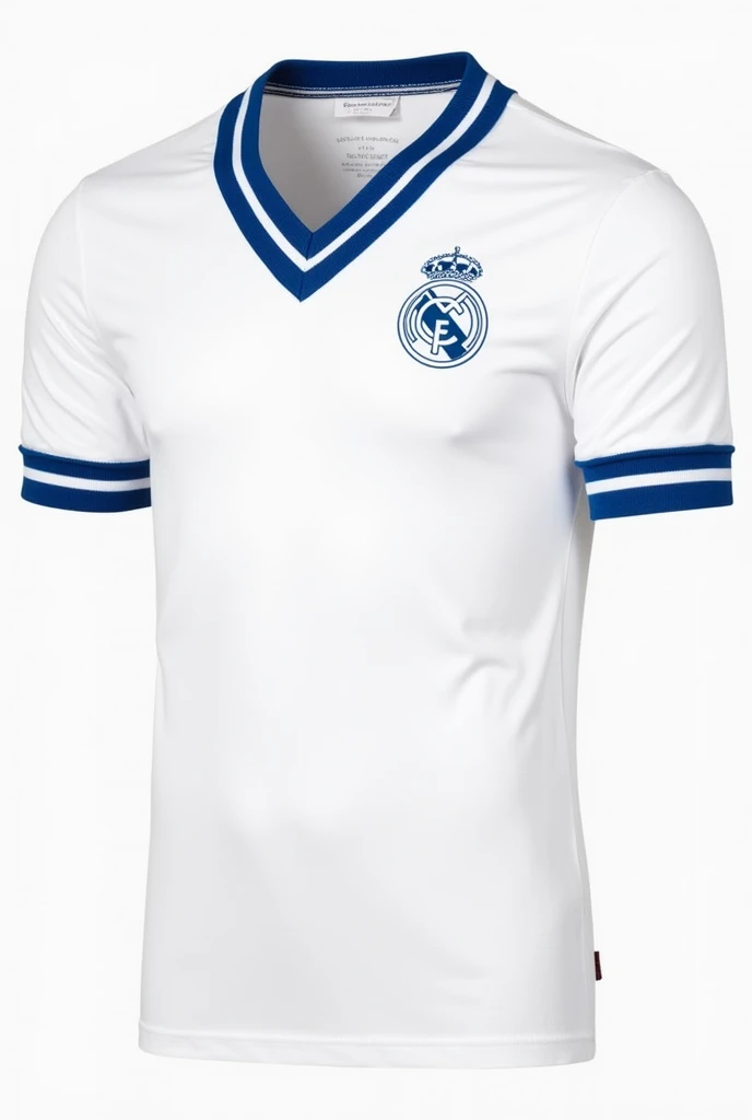 make a white V-neck shirt with a crest and blue stripes on the sleeves, neck and bar