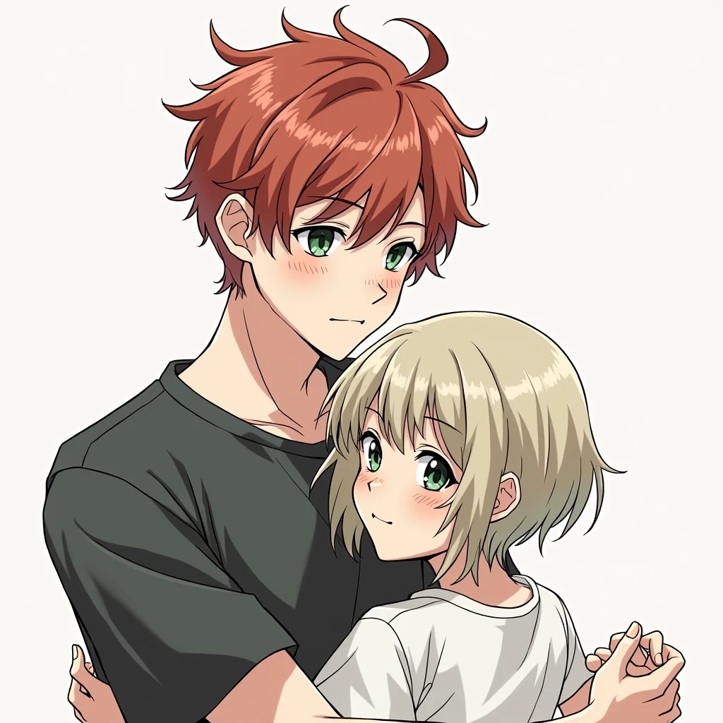 2 people, Guy with red hair, green eyes, Freckles, hugs a girl with very short black hair, black eyes, anime art, realistically, masterpiece