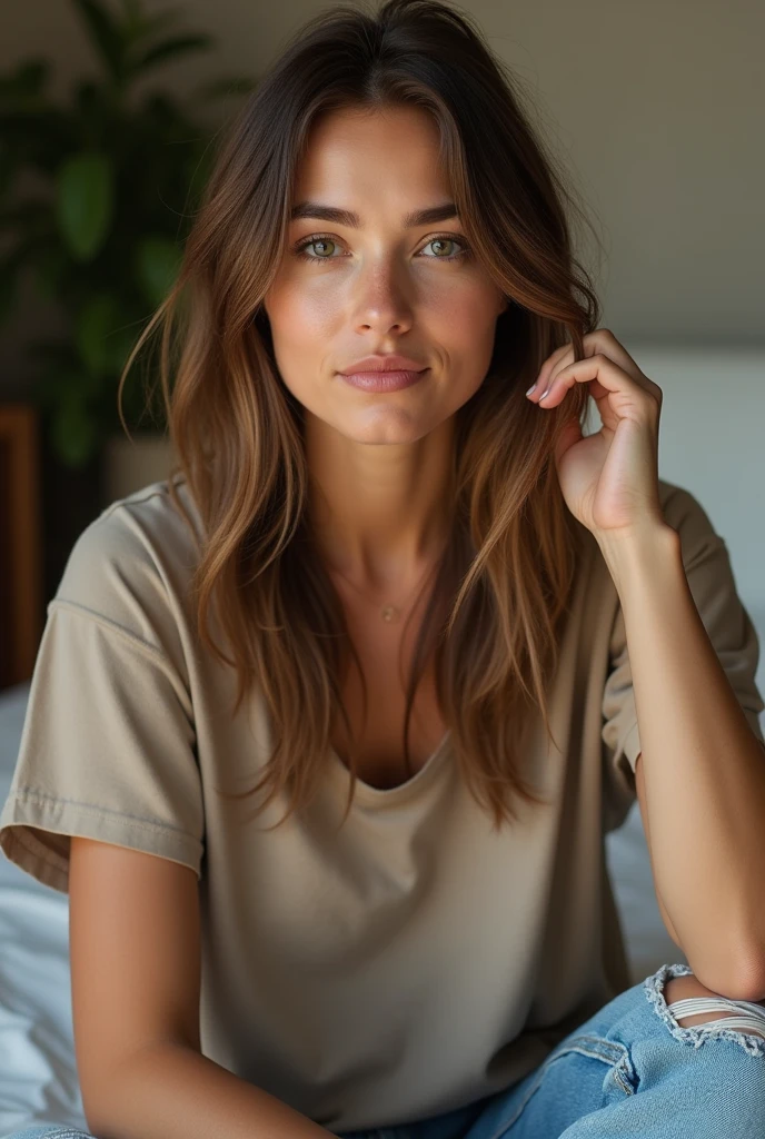 A white adult woman with loose brown hair, wearing a basic top and jeans.